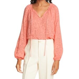 Tanya Taylor Janey Long Sleeve Tie Neck Peasant Top Balloon Sleeve